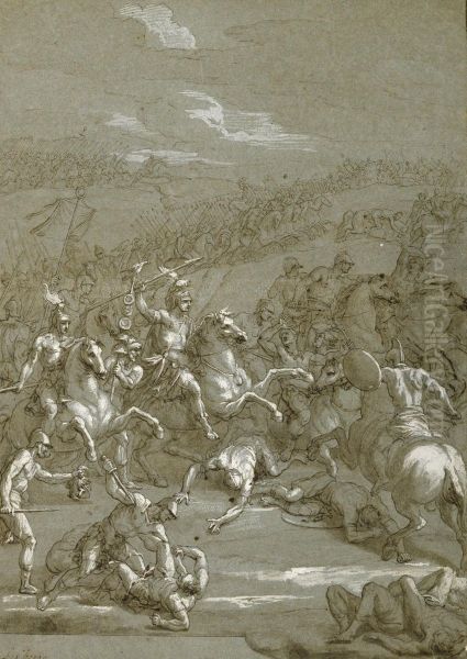 A Battle Scene: Roman Cavalry Attacking In An Open Landscape Oil Painting by Louis Cheron