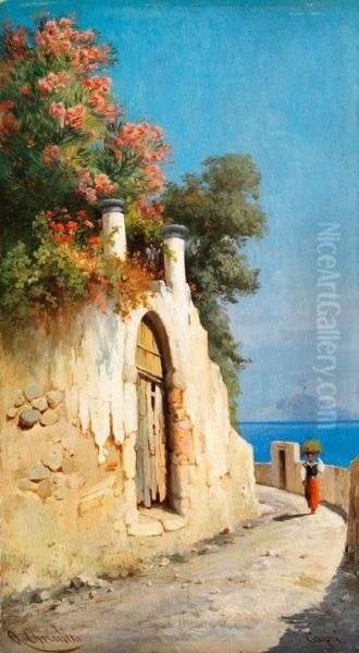 Uferstrasse Mit Mauertor Bei Capri Oil Painting by Andrea Cherubini