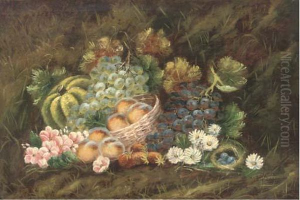 Peaches In A Basket, With Grapes, Strawberries, Flowers, A Melonand A Bird's Nest With Eggs To The Side Oil Painting by Evelyn Chester