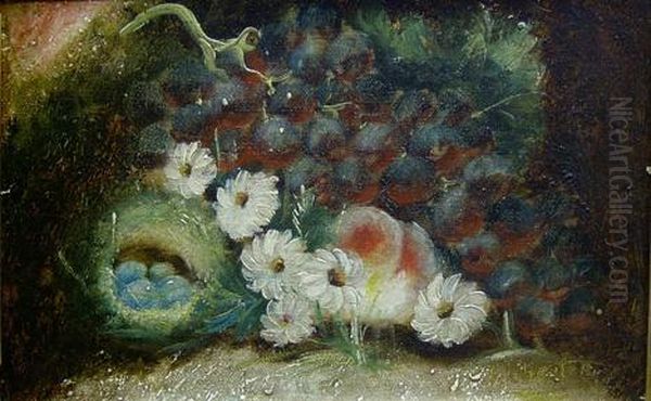 Grapes, Flowers, Robin's Nest And Peach In A Landscape Oil Painting by Evelyn Chester