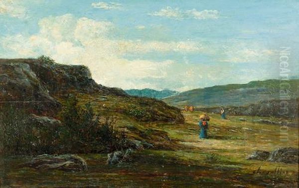 Landschaft Mit Kuhhirtin Und Reisigsammlerin. Oil Painting by Henri Chevalier