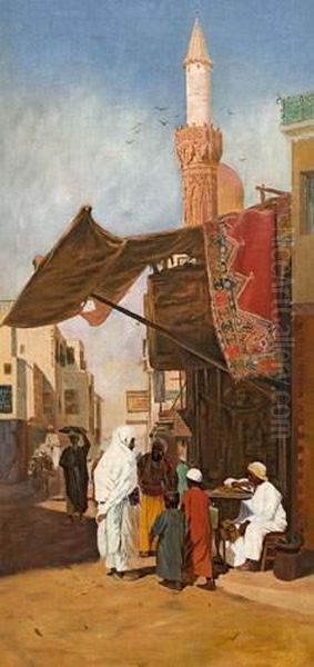 Scene De Souk, Le Marchand De Tapis. Oil Painting by Robert Magnus Chevalier