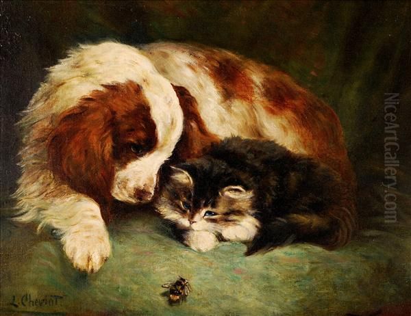 Clumberspaniel And Kitten Watching A Bumble Bee Oil Painting by Lilian Cheviot