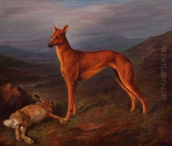 Coursing Greyhound With Hare Oil Painting by Lilian Cheviot