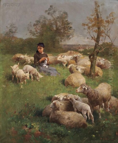 Shepherdess With Her Flock Oil Painting by Luigi Chialiva