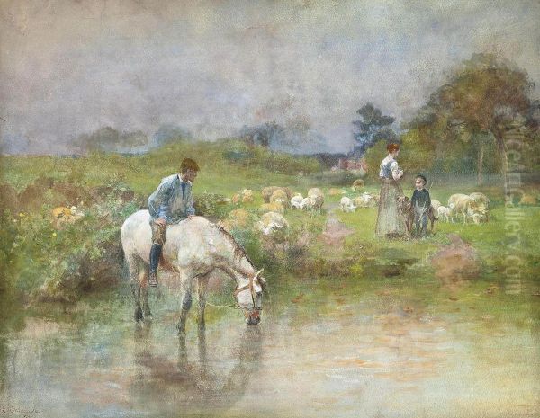 Shepherds Watering Their Livestock Oil Painting by Luigi Chialiva