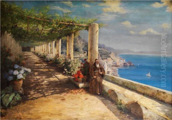 Kapuzinermonch An Einer Pergola Uber Dem Golf Von Neapel Oil Painting by Giuseppe Chiarolanza