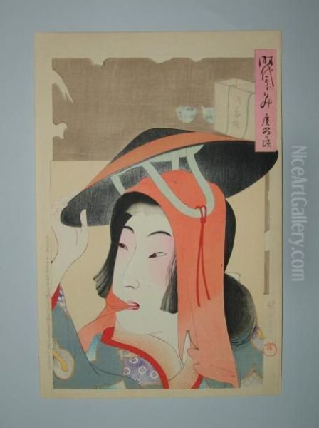 Une Jeune Femme En Buste Tient Son Chapeau Oil Painting by Yoshu Toyoharu Chikanobu /