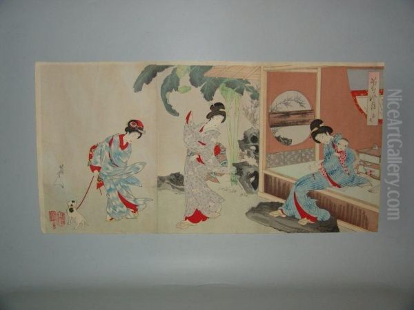 Triptyque Oil Painting by Yoshu Toyoharu Chikanobu /