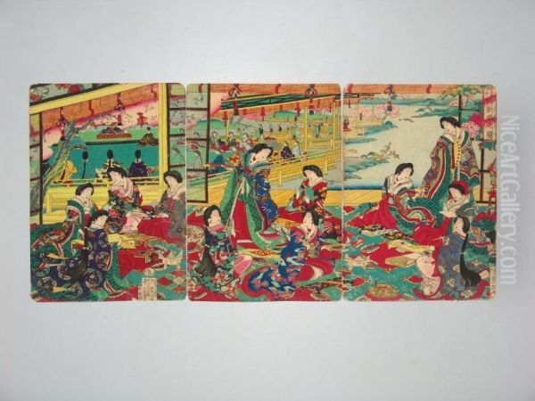 Jeunes Femmes En Reunion De Fete Oil Painting by Yoshu Toyoharu Chikanobu /