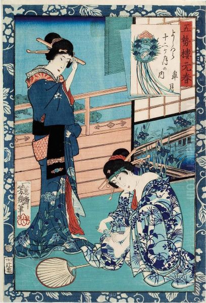 Zwei Japanerinnen Bei Der Schonheitspflege Oil Painting by Yoshu Toyoharu Chikanobu /