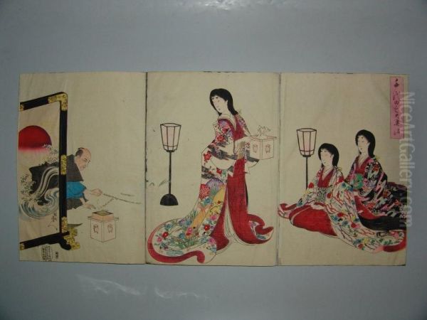 Trois Femmes Jouent Au Jeu De Graines Oil Painting by Yoshu Toyoharu Chikanobu /