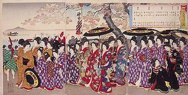 Un Paseo De Las Mujeres Del Castillo De Chiyoda Para Ver La Floracion Oil Painting by Yoshu Toyoharu Chikanobu /