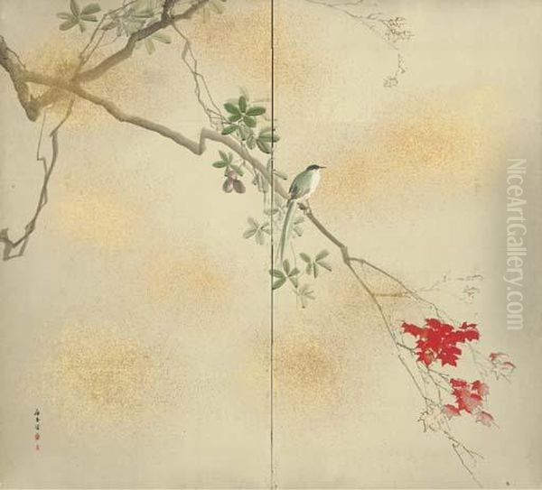 Long-tailed Magpie In Red Maple With Entwined Locquats Oil Painting by Kishi Chikudo