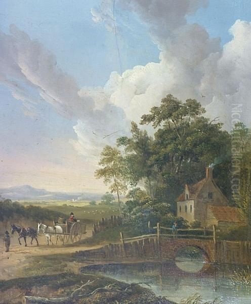 A Rural Landscape With Horses And Cart, House, River And Bridge Oil Painting by Elias Childe