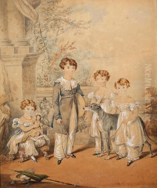 Two Family Portraits Of Children, One With Agirl Playing A Harp, And One With A Hat And Green Parasol In Theforeground Oil Painting by James Warren Childe