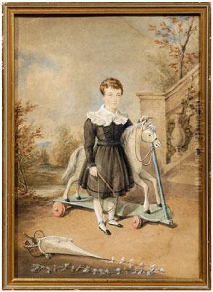 Boy Holding A Whip And Standing By Toyhorse In A Garden by James Warren Childe