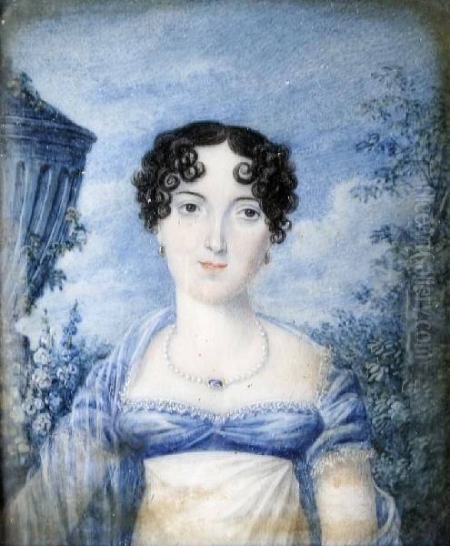 A Portrait Miniature Of A Young Lady Before A Garden Oil Painting by James Warren Childe