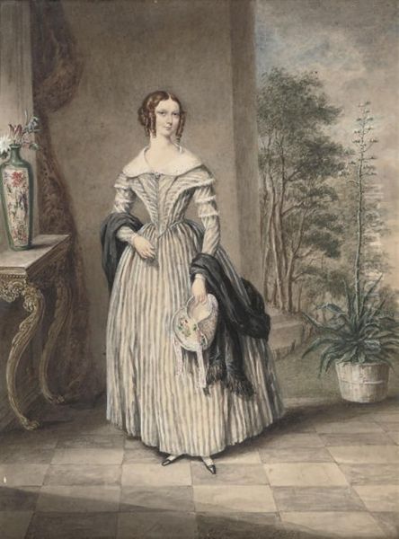 Portrait Of A Girl Holding A Bonnet In Her Left Hand, Standing In An Interior, A Garden Beyond Oil Painting by James Warren Childe