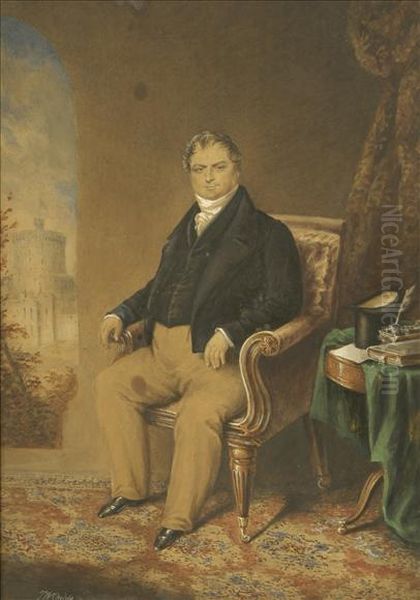 Interior With Full Length Portrait Of Phillip Nowell, Seated With A View Of The Round Tower, Windsor Castle Beyond Oil Painting by James Warren Childe