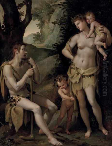 Adam And Eve With Cain And Abel Oil Painting by (Jacopo Chimenti) Empoli