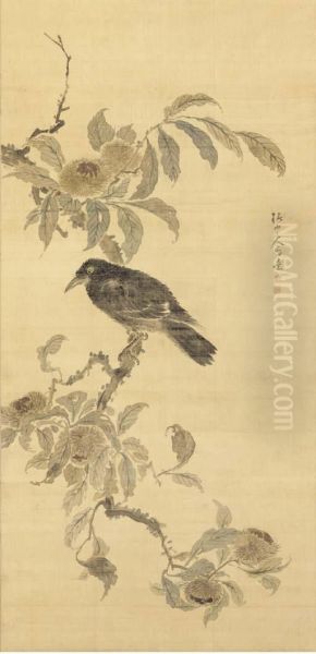 Raven On Chestnut Tree Oil Painting by Tsubaki Chinzan