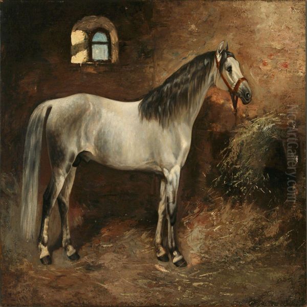 Whiteand Grey Horse In A Stable Oil Painting by Aleksandr Dmitrievich Chirkin