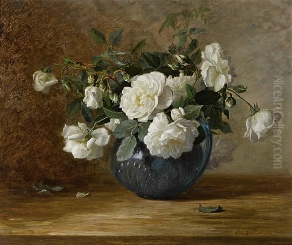 White Roses In A Blue Vase Oil Painting by Alice Brown Chittenden