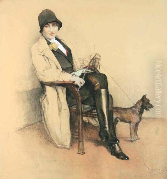 A Seated Lady With A Dog Oil Painting by Robert Chlosser