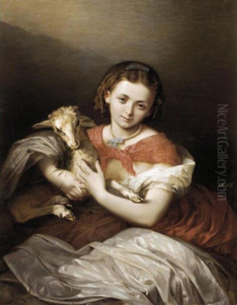 Young Girl With A Lamb Oil Painting by Romuald Chojnacki