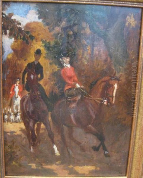 Couple De Cavaliers Et Chasse A Courre Oil Painting by Rene Maxime Choquet