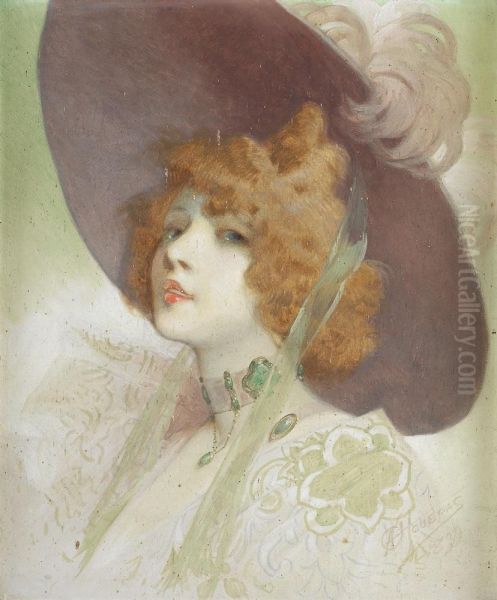 Portrait De Jeune Femme Au Collier D'emeraudes Oil Painting by Alfred Choubrac