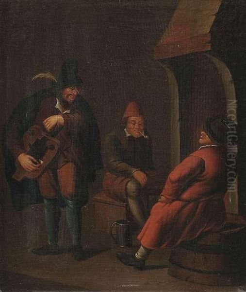 Two Menat A Fireplace With A Musician Playing Hurdy-gurdy. Oil Painting by Pieter Caspar Christ