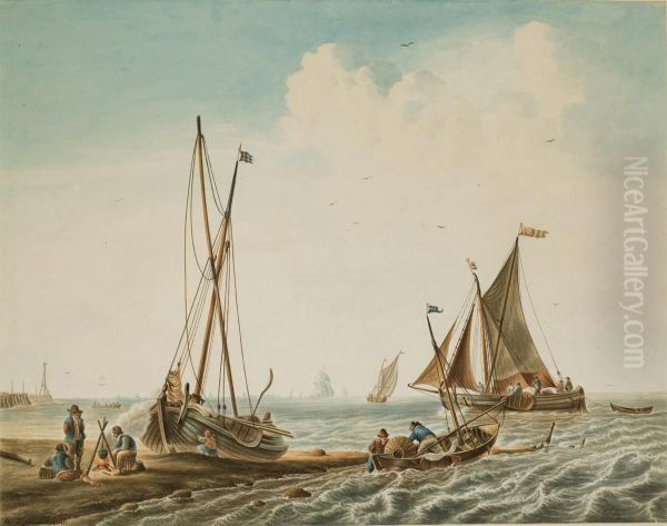 Navires De Pecheurs Le Long Des Cotes Oil Painting by W F. Christ