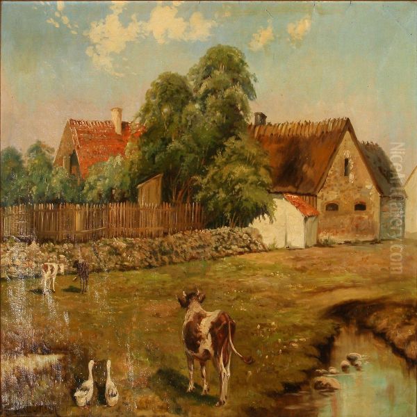 Grazing Cows Near A Farm Oil Painting by Christian Ferdinand Christensen