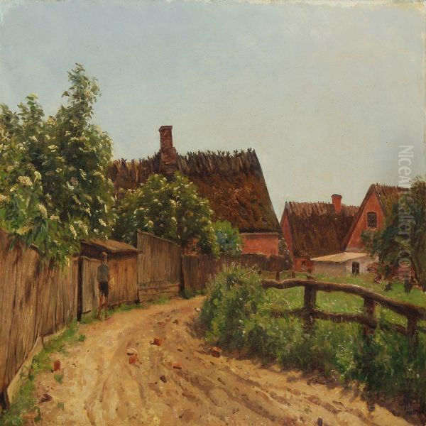 Villagescape With A Boy Walking Along A Gravel Road Oil Painting by Godfred B.W. Christensen