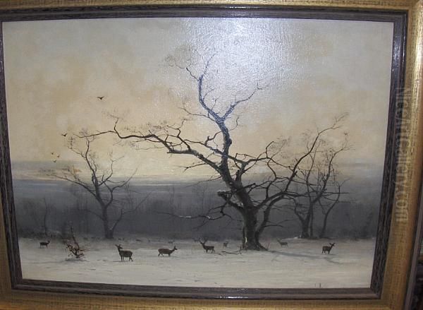 Deer In A Winter Landscape Oil Painting by Niels Christensen