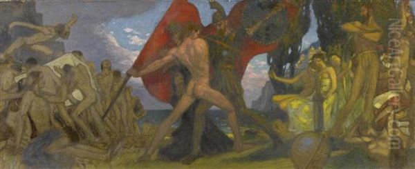 Battle Scene (allegory) Oil Painting by Hans Christiansen