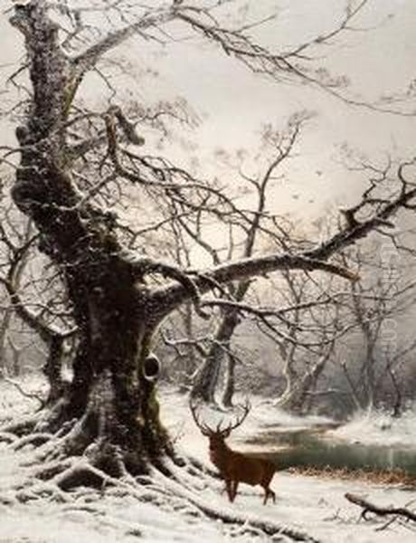 Stag In A Winter Landscape Oil Painting by Nils Hans Christiansen