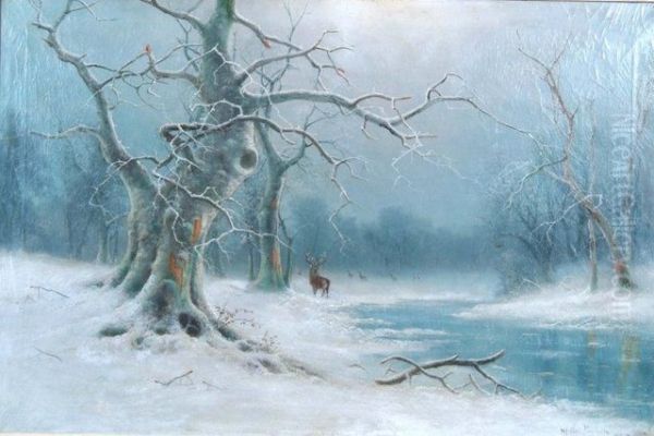 Deer In A Winter Landscape Oil Painting by Nils Hans Christiansen