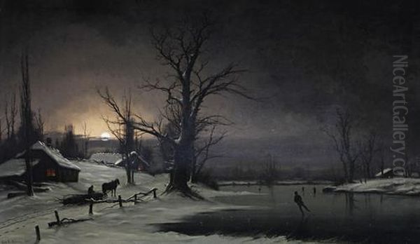 A Winter Scene With Figures Skating On A Frozen River Oil Painting by Nils Hans Christiansen