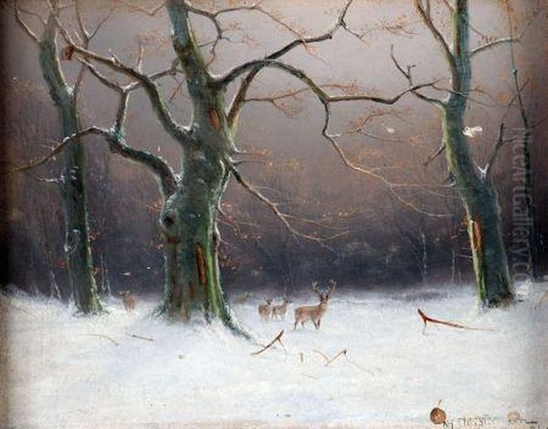 Deer In Winter Landscape Oil Painting by Nils Hans Christiansen