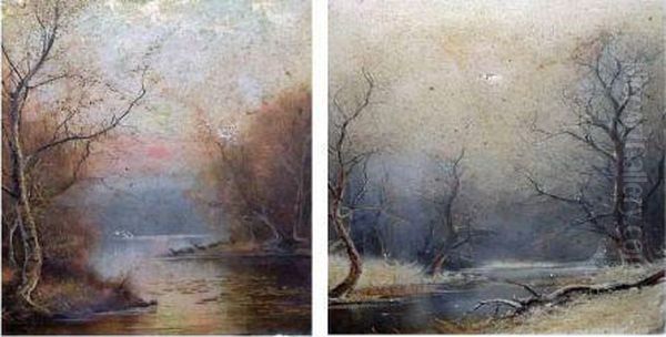 River Landscapes In Summer And Winter Oil Painting by Nils Hans Christiansen