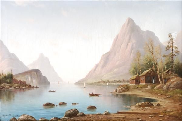 Fjord Scenewith Boats And Houses Oil Painting by Nils Hans Christiansen