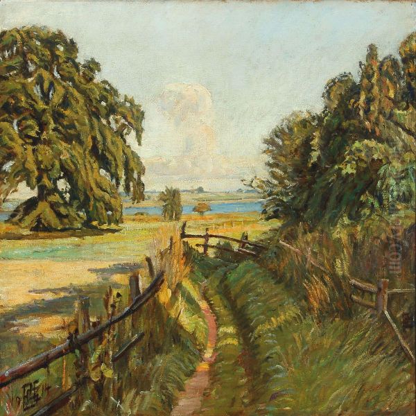 Summer Landscape From Dyrn s Oil Painting by Poul S. Christiansen