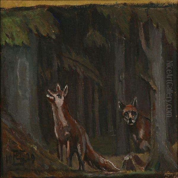 Foxes In The Woods Oil Painting by Poul S. Christiansen