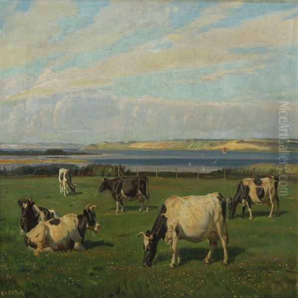 Cows On The Field Oil Painting by Rasmus Christiansen