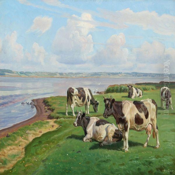 Landscape With Cows By An Inlet Oil Painting by Rasmus Christiansen