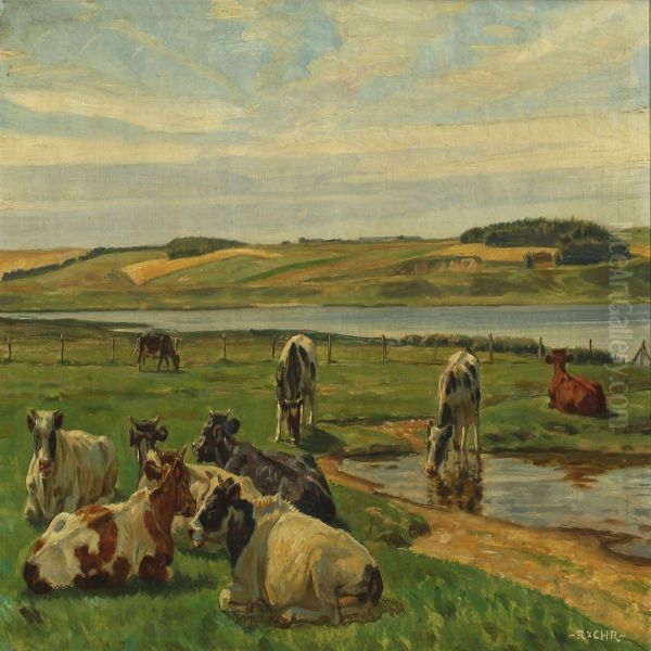 Landscape With Cows By A Inlet Oil Painting by Rasmus Christiansen