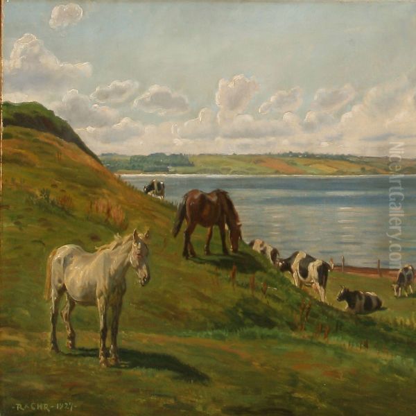 Summer Day With Grazing Horses And Cows By Hjarb k Loch Oil Painting by Rasmus Christiansen